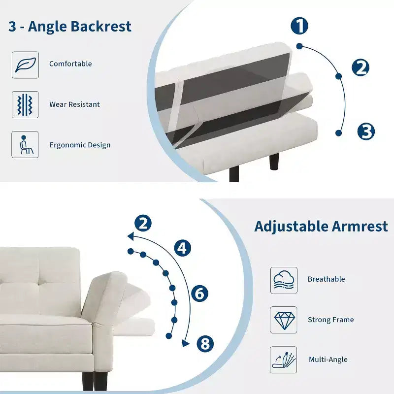 Divano letto futon 89, divano letto moderno con schienale e braccioli regolabili, divano letto futon convertibile con 2 cuscini per casa e ufficio