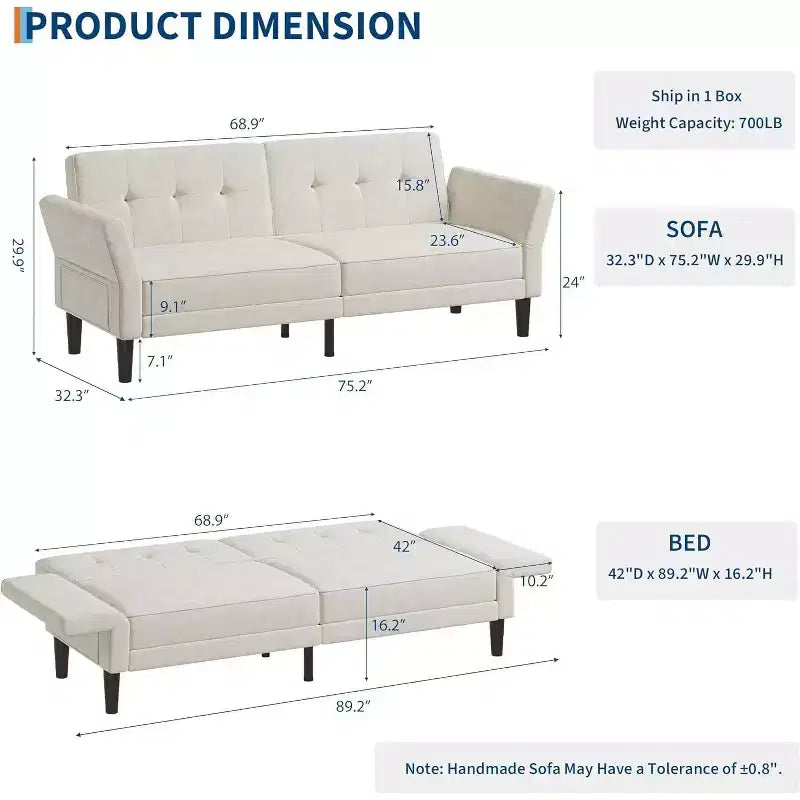 Divano letto futon 89, divano letto moderno con schienale e braccioli regolabili, divano letto futon convertibile con 2 cuscini per casa e ufficio