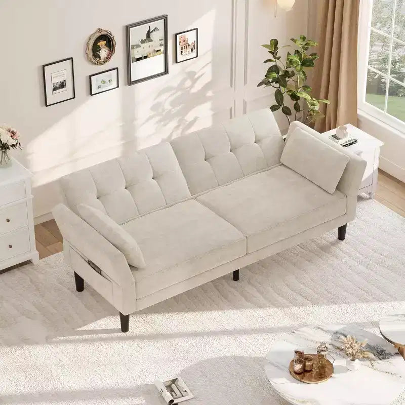 Divano letto futon 89, divano letto moderno con schienale e braccioli regolabili, divano letto futon convertibile con 2 cuscini per casa e ufficio