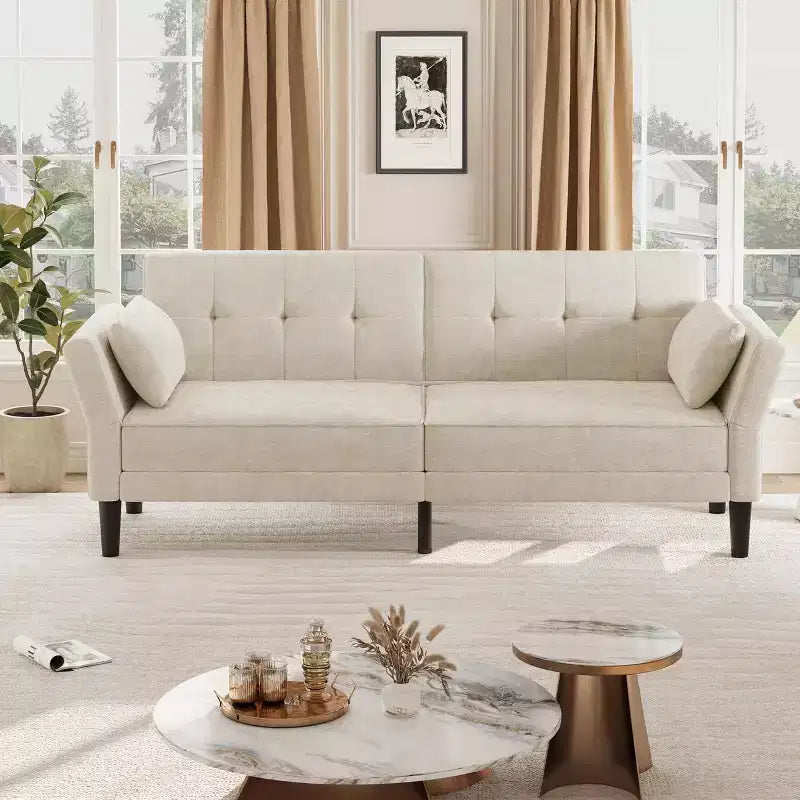 Divano letto futon 89, divano letto moderno con schienale e braccioli regolabili, divano letto futon convertibile con 2 cuscini per casa e ufficio