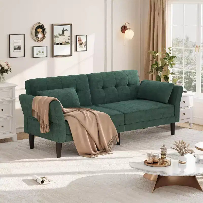Divano letto futon 89, divano letto moderno con schienale e braccioli regolabili, divano letto futon convertibile con 2 cuscini per casa e ufficio