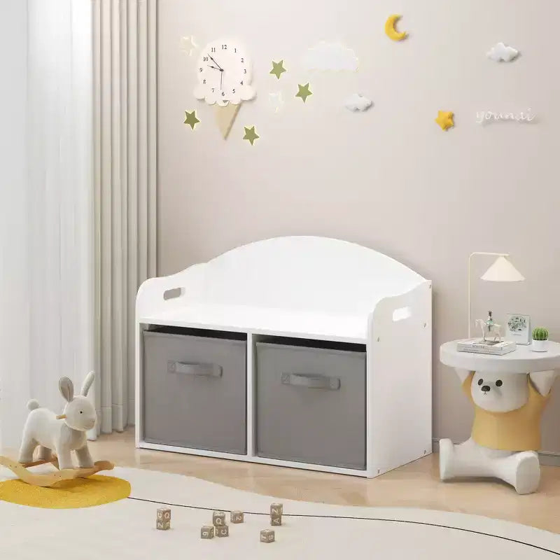 Cassapanca/Panca Portagiochi in Legno per Bambini con Cassetti in Tessuto Pieghevoli, Mobile Contenitore Organizer per Giocattoli - Bianco