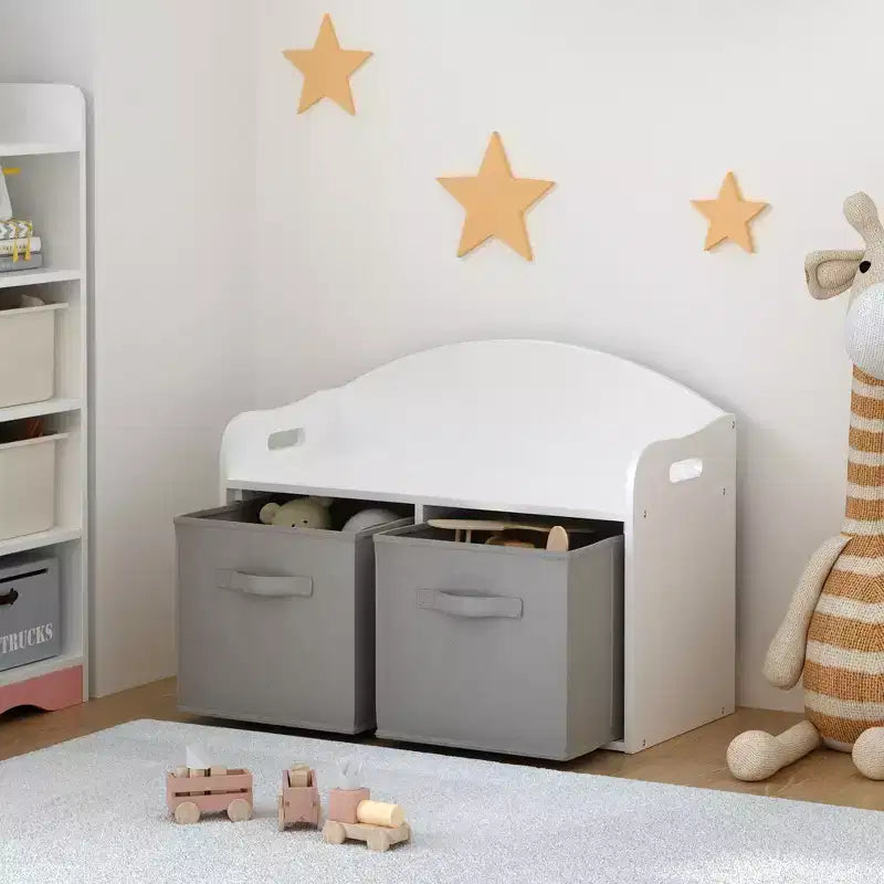 Cassapanca/Panca Portagiochi in Legno per Bambini con Cassetti in Tessuto Pieghevoli, Mobile Contenitore Organizer per Giocattoli - Bianco