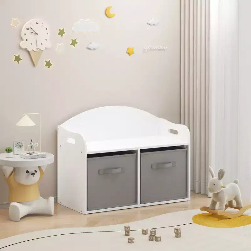 Cassapanca/Panca Portagiochi in Legno per Bambini con Cassetti in Tessuto Pieghevoli, Mobile Contenitore Organizer per Giocattoli - Bianco