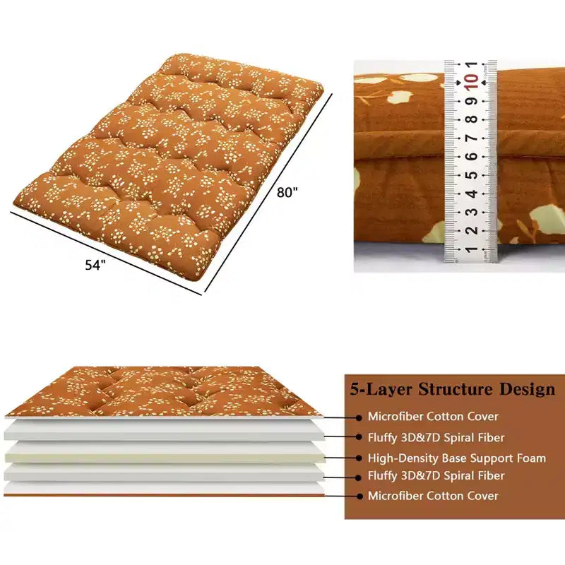 Materasso da pavimento futon giapponese – materasso imbottito spesso 7,6 cm con stampa floreale boho