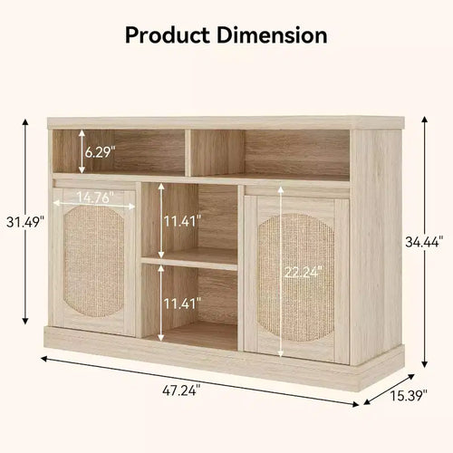 Credenza a Buffet a 2 Ante con Decorazioni in Rattan e Ripiani Regolabili