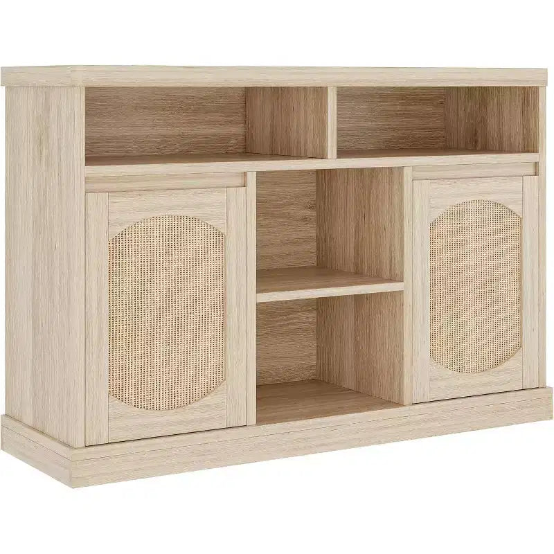 Credenza a Buffet a 2 Ante con Decorazioni in Rattan e Ripiani Regolabili