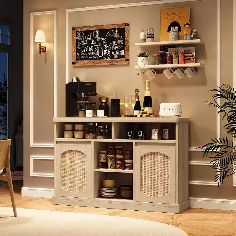 Credenza a Buffet a 2 Ante con Decorazioni in Rattan e Ripiani Regolabili