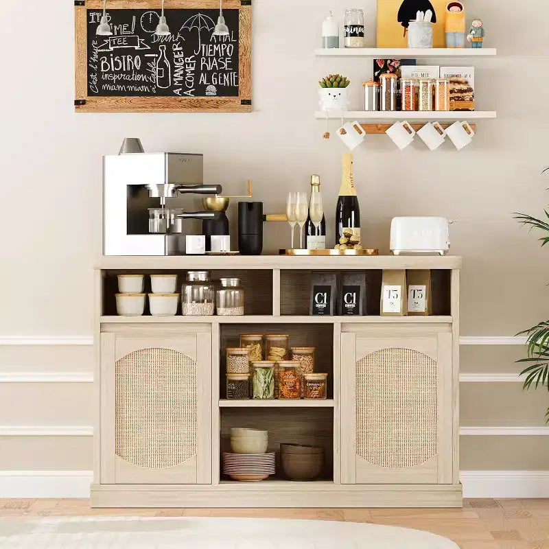 Credenza a Buffet a 2 Ante con Decorazioni in Rattan e Ripiani Regolabili