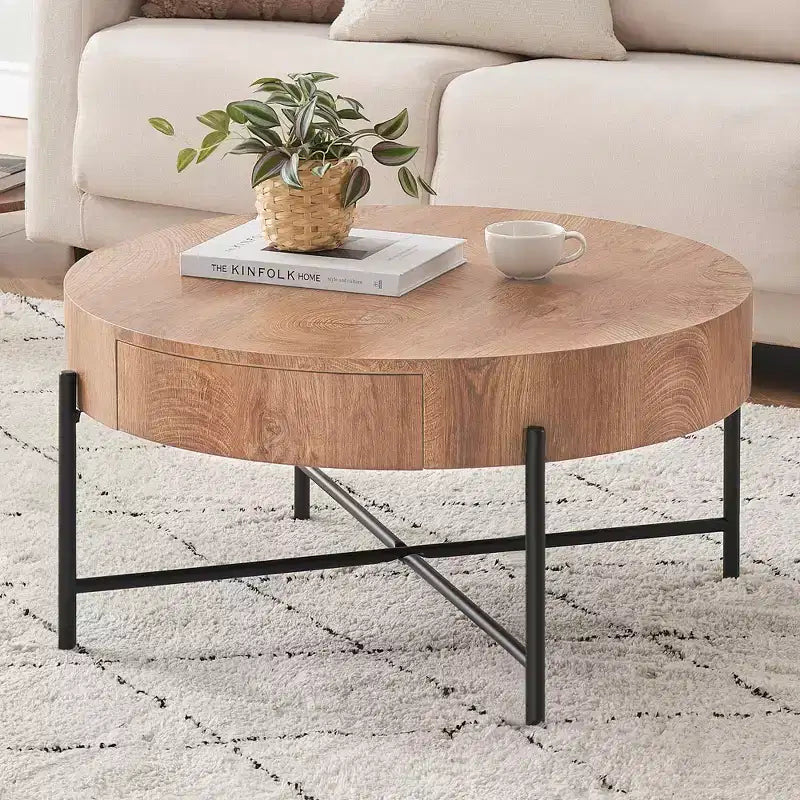Wood Center TableCircle Coffee Table with StorageCoffee Table with DrawersVintage Coffee Table for Living Room