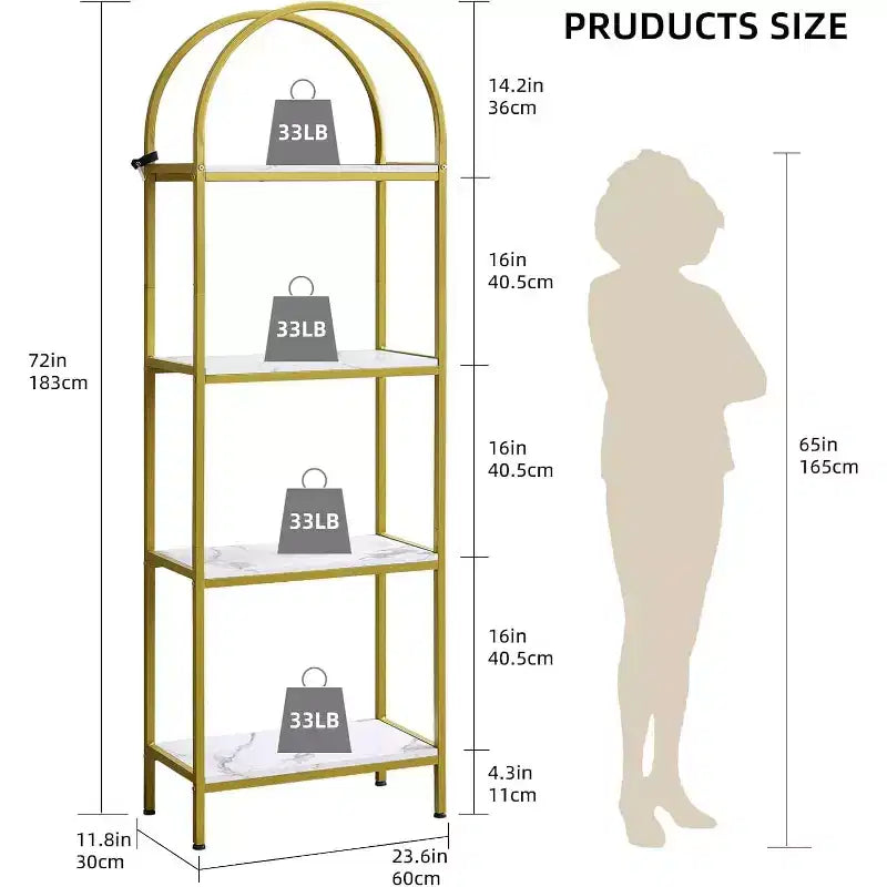 Scaffale moderno in legno grande, libreria a 4 ripiani, scaffali espositivi ad arco, scaffale alto per CD/libri per camera da letto, soggiorno, ufficio domestico