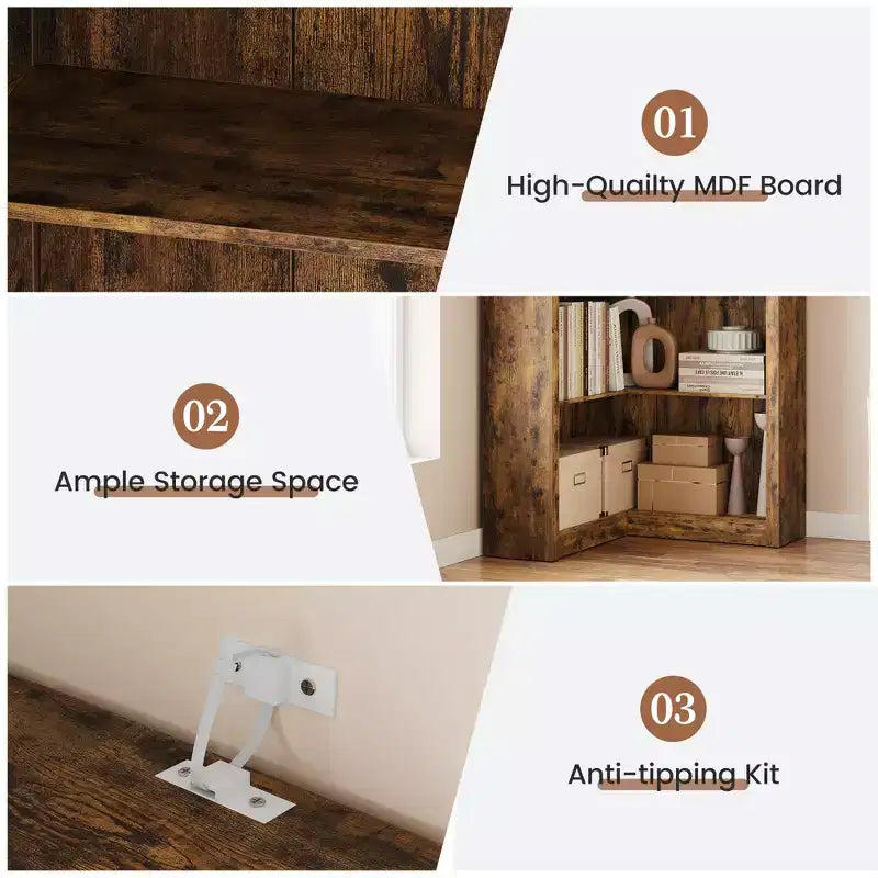 Libreria angolare rustica, libreria a L alta 182 cm, libreria grande, scaffale angolare, scaffali moderni industriali in legno per esposizione e archiviazione
