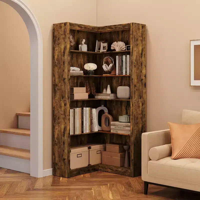 Libreria angolare rustica, libreria a L alta 182 cm, libreria grande, scaffale angolare, scaffali moderni industriali in legno per esposizione e archiviazione