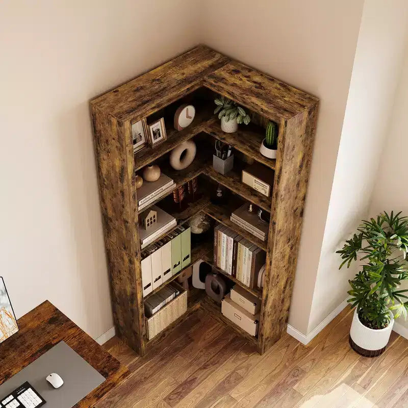 Libreria angolare rustica, libreria a L alta 182 cm, libreria grande, scaffale angolare, scaffali moderni industriali in legno per esposizione e archiviazione