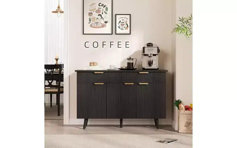 Mobile buffet credenza da 47 pollici con contenitore, ampio mobiletto da bar per caffè con 3 ante scanalate e 2 cassetti, ripiani regolabili, finitura nera