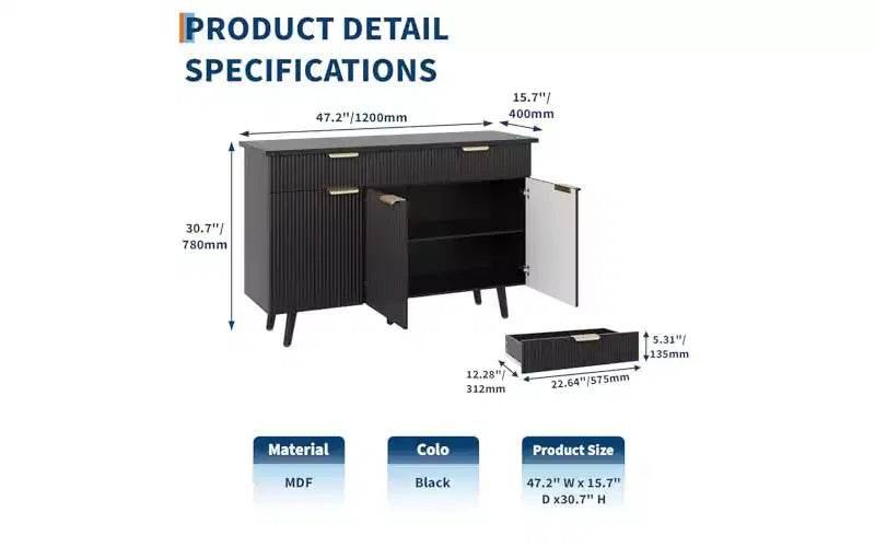 Mobile buffet credenza da 47 pollici con contenitore, ampio mobiletto da bar per caffè con 3 ante scanalate e 2 cassetti, ripiani regolabili, finitura nera