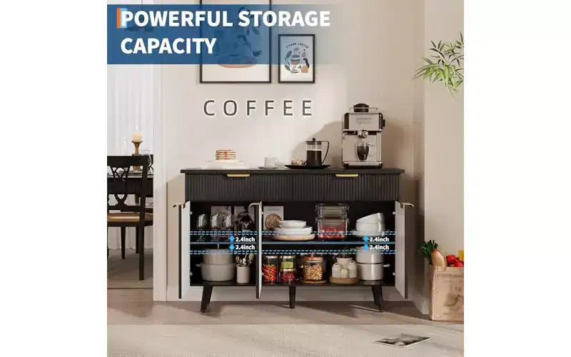 Mobile buffet credenza da 47 pollici con contenitore, ampio mobiletto da bar per caffè con 3 ante scanalate e 2 cassetti, ripiani regolabili, finitura nera