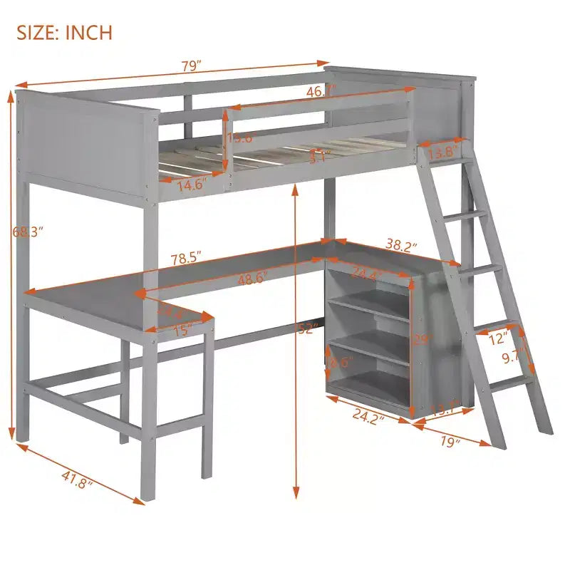 Letto a soppalco singolo con mensole e scrivania, letto a soppalco in legno con scrivania - Grigio