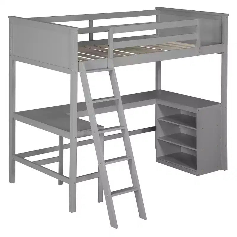 Letto a soppalco singolo con mensole e scrivania, letto a soppalco in legno con scrivania - Grigio