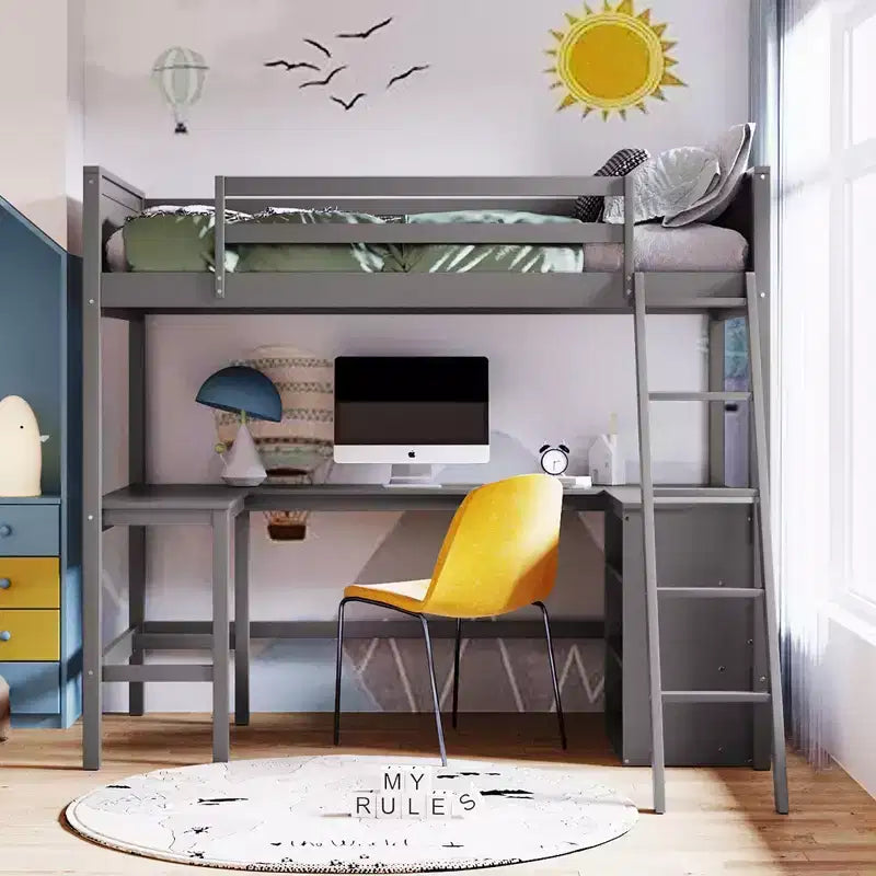 Letto a soppalco singolo con mensole e scrivania, letto a soppalco in legno con scrivania - Grigio