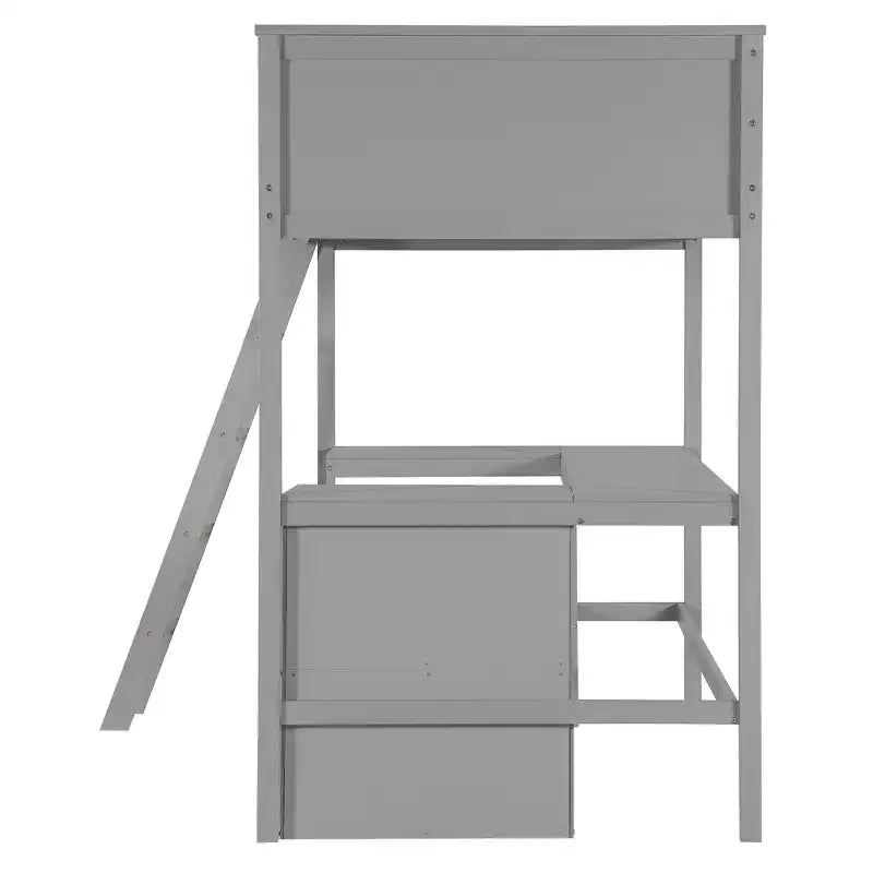Letto a soppalco singolo con mensole e scrivania, letto a soppalco in legno con scrivania - Grigio