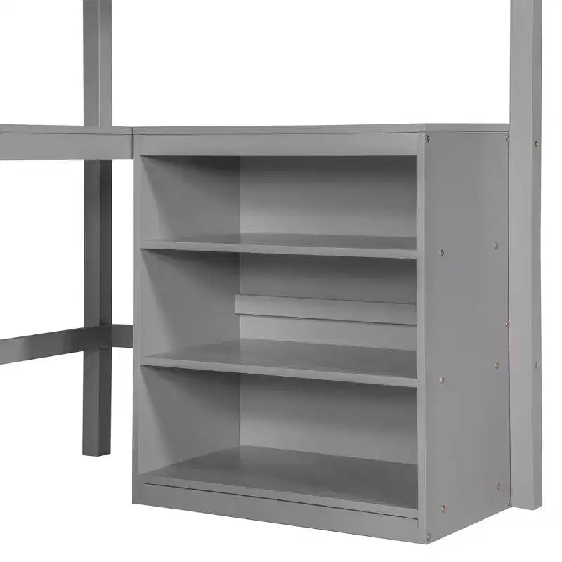 Letto a soppalco singolo con mensole e scrivania, letto a soppalco in legno con scrivania - Grigio