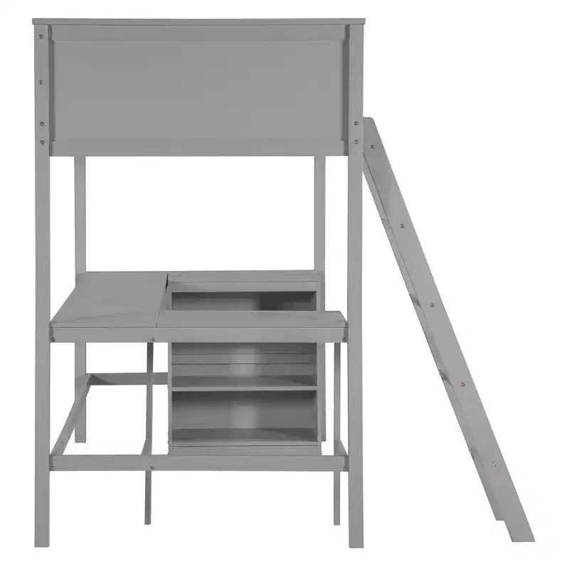 Letto a soppalco singolo con mensole e scrivania, letto a soppalco in legno con scrivania - Grigio