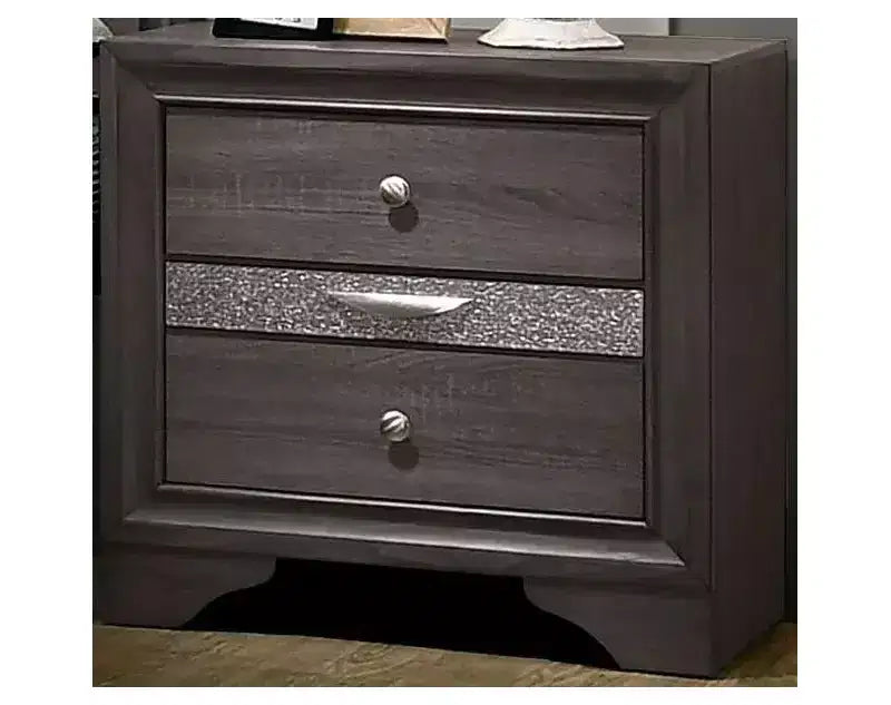 Comodino Contemporaneo 1 pezzo, Finitura Grigia, Accenti Argento, Cassetto Nascosto Portagioie, Pomello Tondo Nichel, Mobile Comodino per Camera da Letto