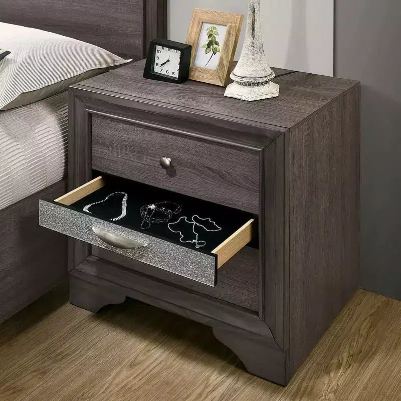 Comodino Contemporaneo 1 pezzo, Finitura Grigia, Accenti Argento, Cassetto Nascosto Portagioie, Pomello Tondo Nichel, Mobile Comodino per Camera da Letto