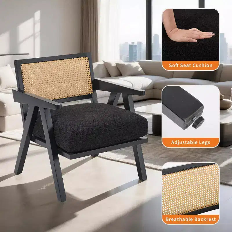 Poltrona con accento coloniale di metà secolo - Poltrona in legno con schienale in rattan e cuscino in lino per soggiorno, camera da letto - Facile da montare