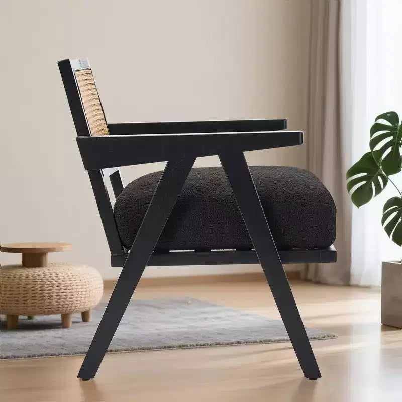Poltrona con accento coloniale di metà secolo - Poltrona in legno con schienale in rattan e cuscino in lino per soggiorno, camera da letto - Facile da montare