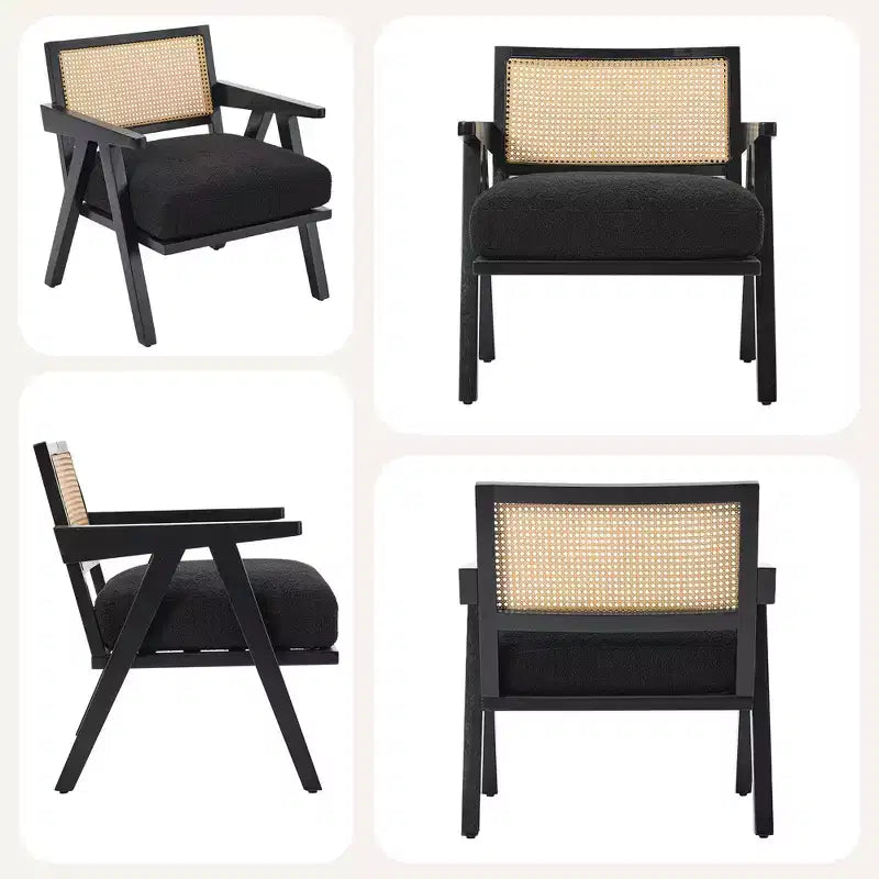Poltrona con accento coloniale di metà secolo - Poltrona in legno con schienale in rattan e cuscino in lino per soggiorno, camera da letto - Facile da montare