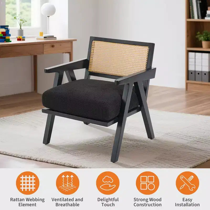 Poltrona con accento coloniale di metà secolo - Poltrona in legno con schienale in rattan e cuscino in lino per soggiorno, camera da letto - Facile da montare