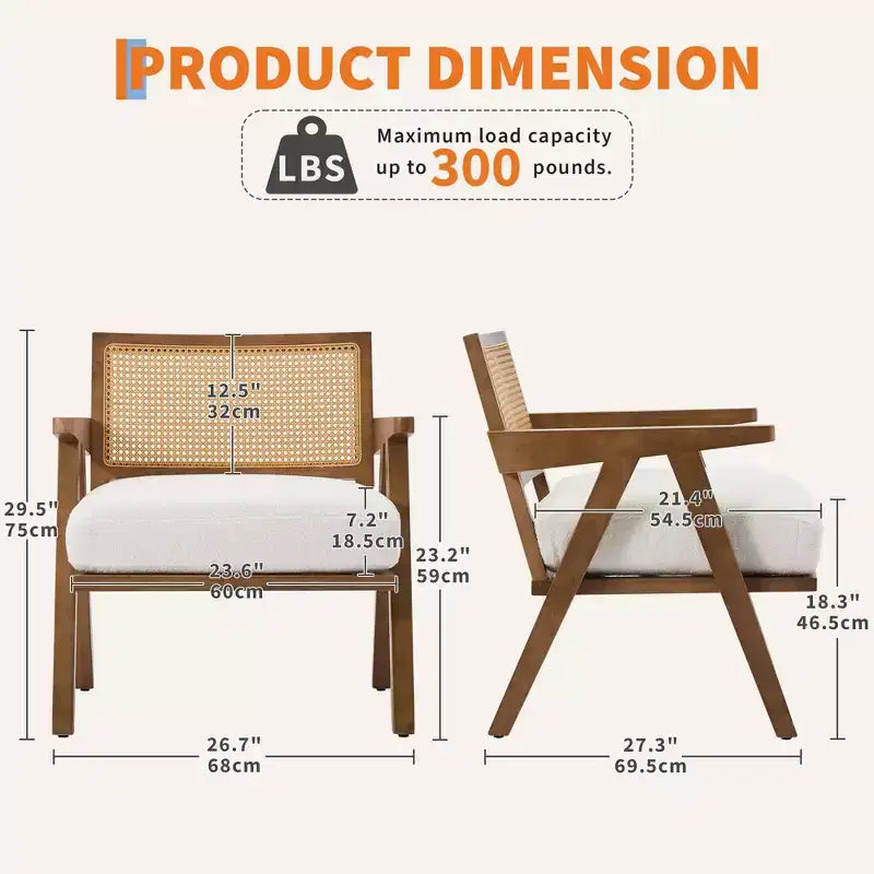 Poltrona con accento coloniale di metà secolo - Poltrona in legno con schienale in rattan e cuscino in lino per soggiorno, camera da letto - Facile da montare
