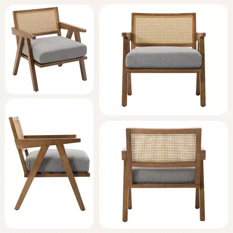 Poltrona con accento coloniale di metà secolo - Poltrona in legno con schienale in rattan e cuscino in lino per soggiorno, camera da letto - Facile da montare
