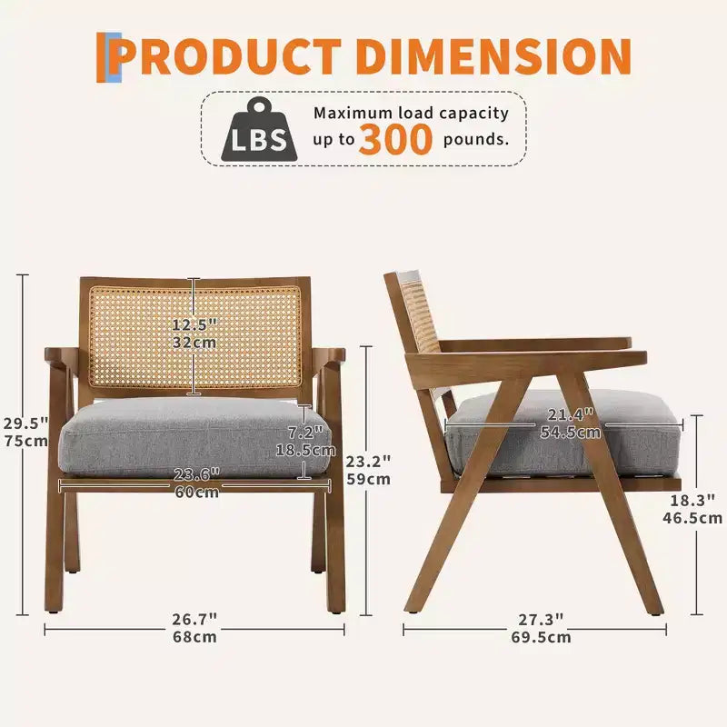Poltrona con accento coloniale di metà secolo - Poltrona in legno con schienale in rattan e cuscino in lino per soggiorno, camera da letto - Facile da montare