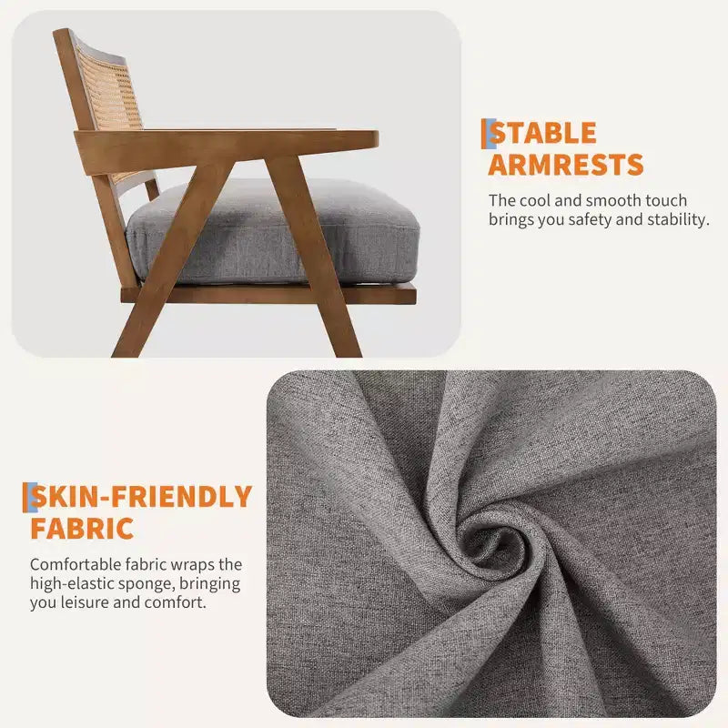 Poltrona con accento coloniale di metà secolo - Poltrona in legno con schienale in rattan e cuscino in lino per soggiorno, camera da letto - Facile da montare