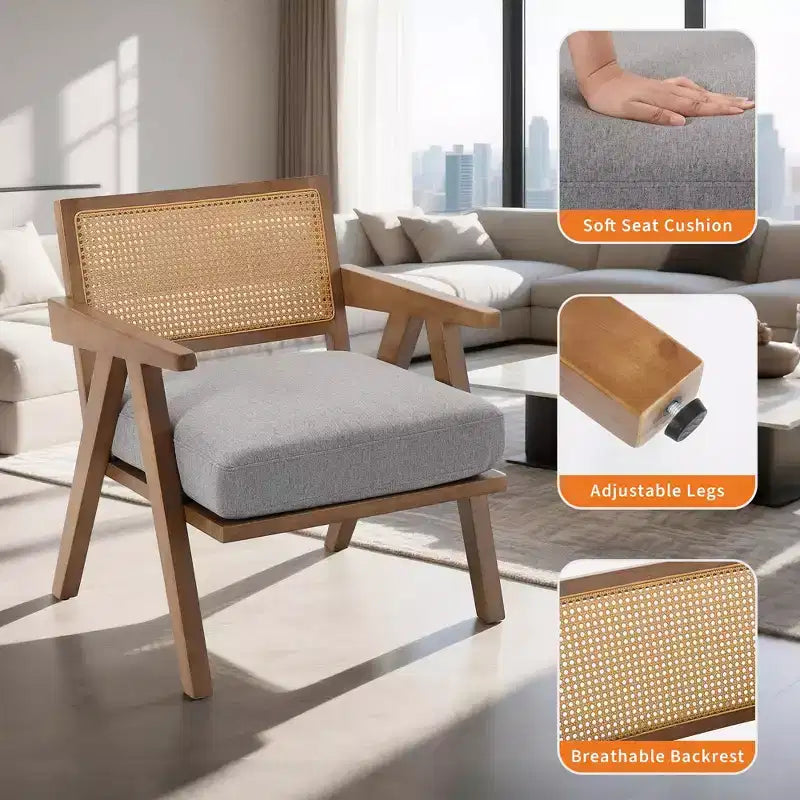 Poltrona con accento coloniale di metà secolo - Poltrona in legno con schienale in rattan e cuscino in lino per soggiorno, camera da letto - Facile da montare