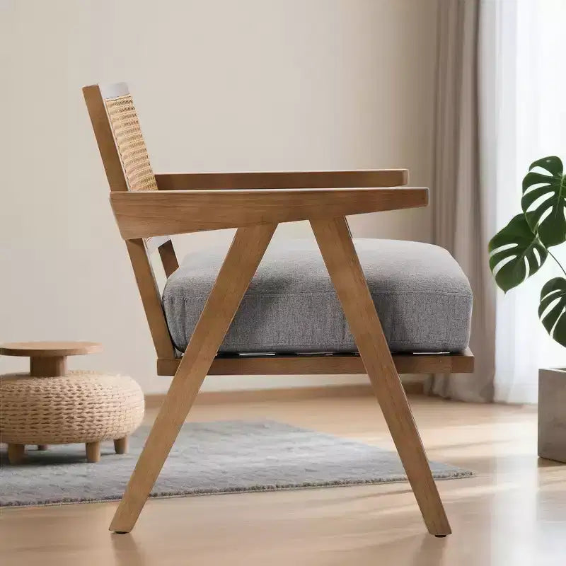 Poltrona con accento coloniale di metà secolo - Poltrona in legno con schienale in rattan e cuscino in lino per soggiorno, camera da letto - Facile da montare