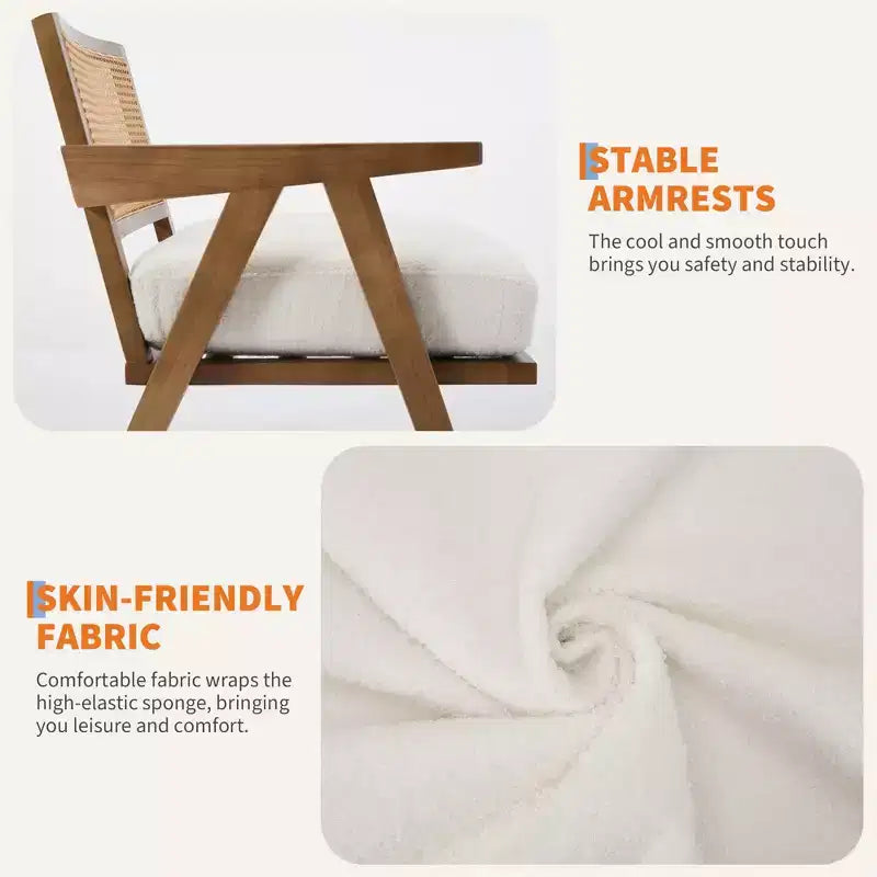 Poltrona con accento coloniale di metà secolo - Poltrona in legno con schienale in rattan e cuscino in lino per soggiorno, camera da letto - Facile da montare
