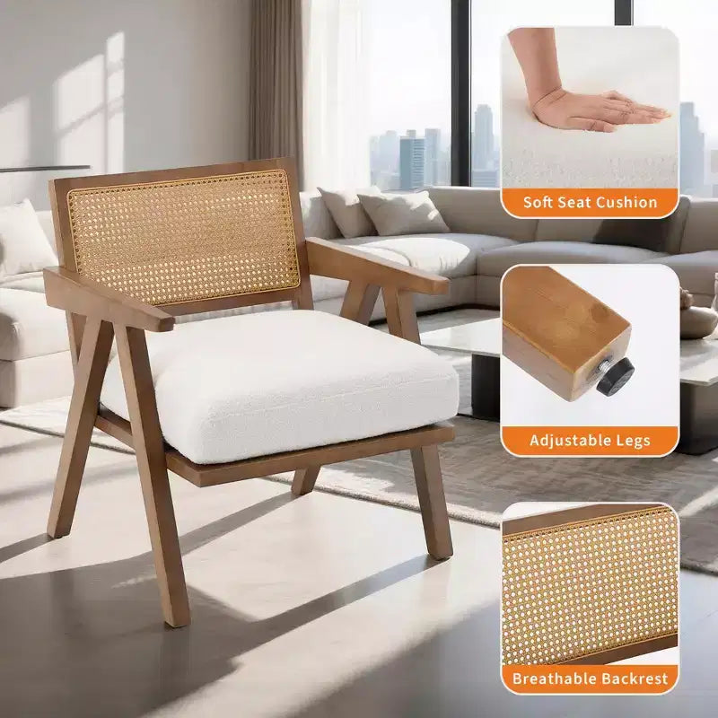 Poltrona con accento coloniale di metà secolo - Poltrona in legno con schienale in rattan e cuscino in lino per soggiorno, camera da letto - Facile da montare