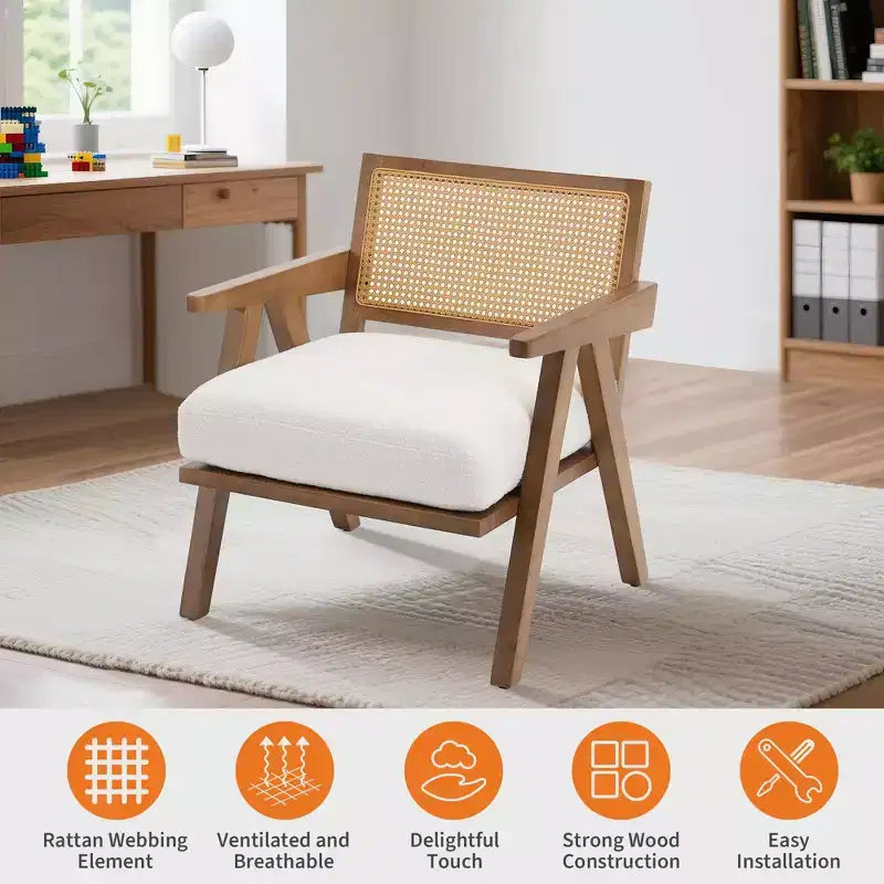 Poltrona con accento coloniale di metà secolo - Poltrona in legno con schienale in rattan e cuscino in lino per soggiorno, camera da letto - Facile da montare
