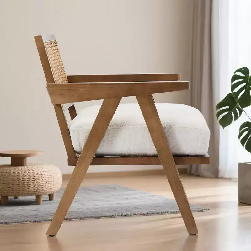 Poltrona con accento coloniale di metà secolo - Poltrona in legno con schienale in rattan e cuscino in lino per soggiorno, camera da letto - Facile da montare