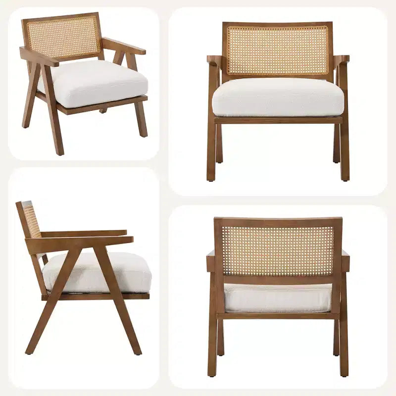 Poltrona con accento coloniale di metà secolo - Poltrona in legno con schienale in rattan e cuscino in lino per soggiorno, camera da letto - Facile da montare
