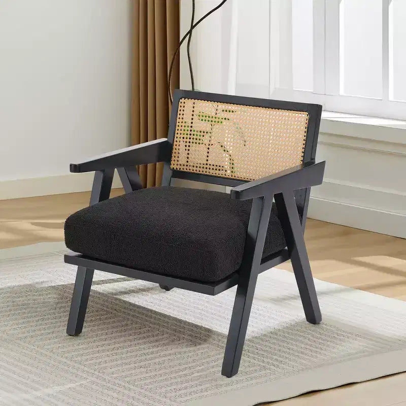 Poltrona con accento coloniale di metà secolo - Poltrona in legno con schienale in rattan e cuscino in lino per soggiorno, camera da letto - Facile da montare