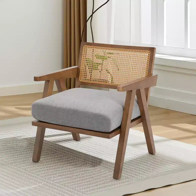 Poltrona con accento coloniale di metà secolo - Poltrona in legno con schienale in rattan e cuscino in lino per soggiorno, camera da letto - Facile da montare