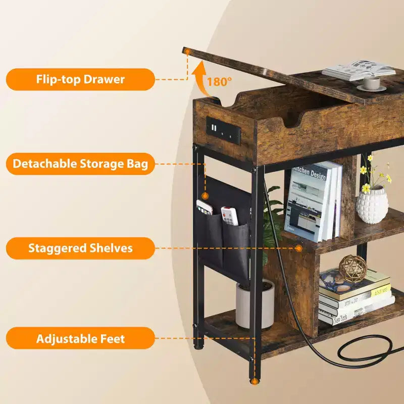Tavolino con ripiano, tasca portaoggetti, porte USB e prese di corrente per piccoli spazi in camera da letto