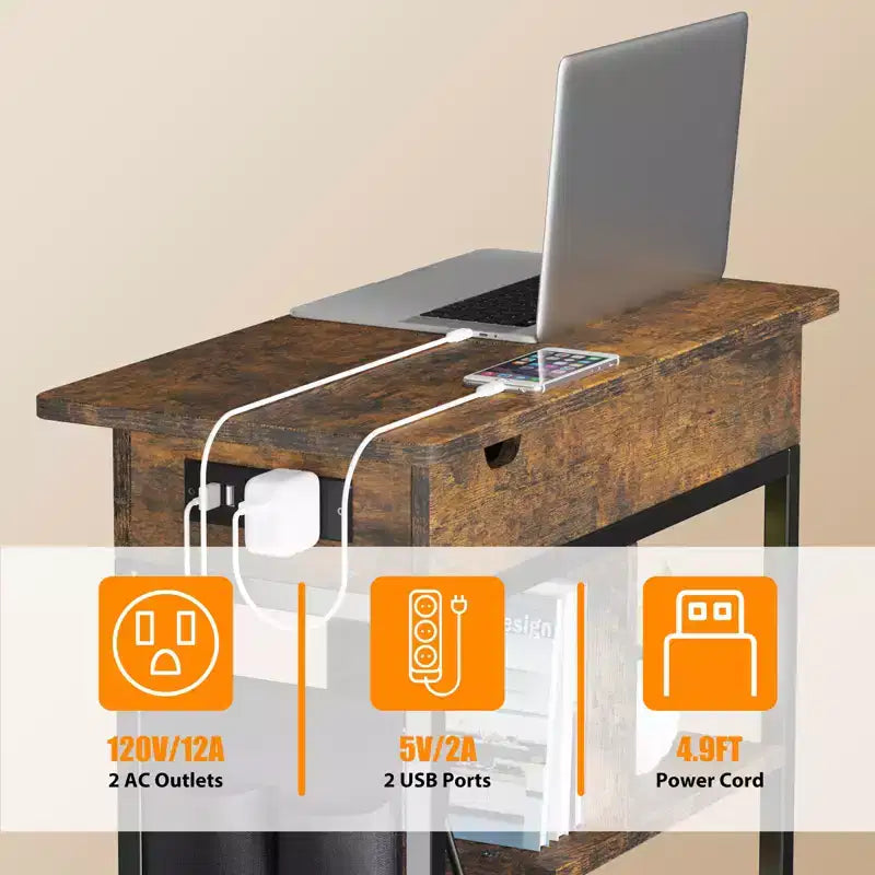 Tavolino con ripiano, tasca portaoggetti, porte USB e prese di corrente per piccoli spazi in camera da letto