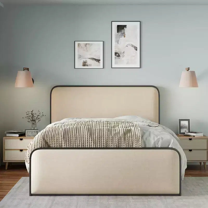 Struttura letto King moderna in metallo con testiera imbottita e contenitore