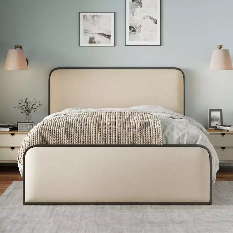 Struttura letto King moderna in metallo con testiera imbottita e contenitore